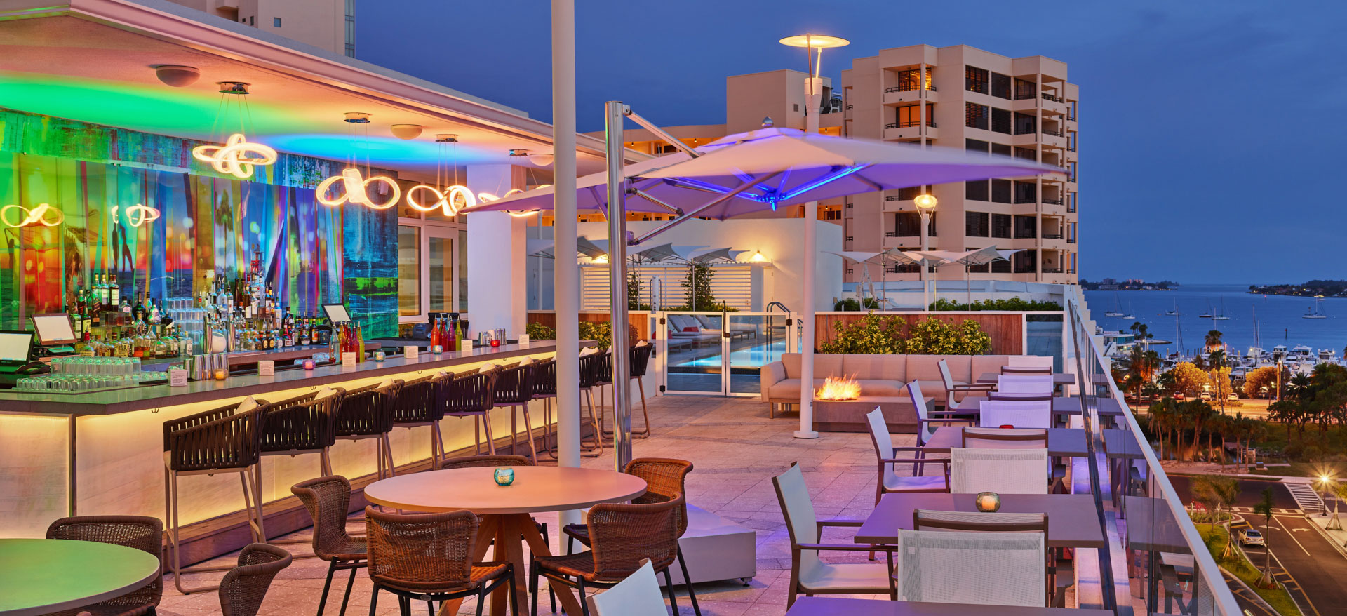 Perspective Rooftop Pool Bar of Art Ovation Hotel, Autograph Collection at Sarasota, Florida